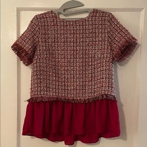 Jade Red Tweed Top with Chiffon Hem